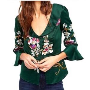 Free People beautiful dreams satin Green Floral Embroidered Blouse